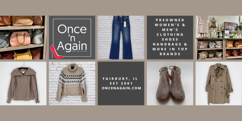 Collage of preowned clothing and accessories with 'Once n Again' branding.